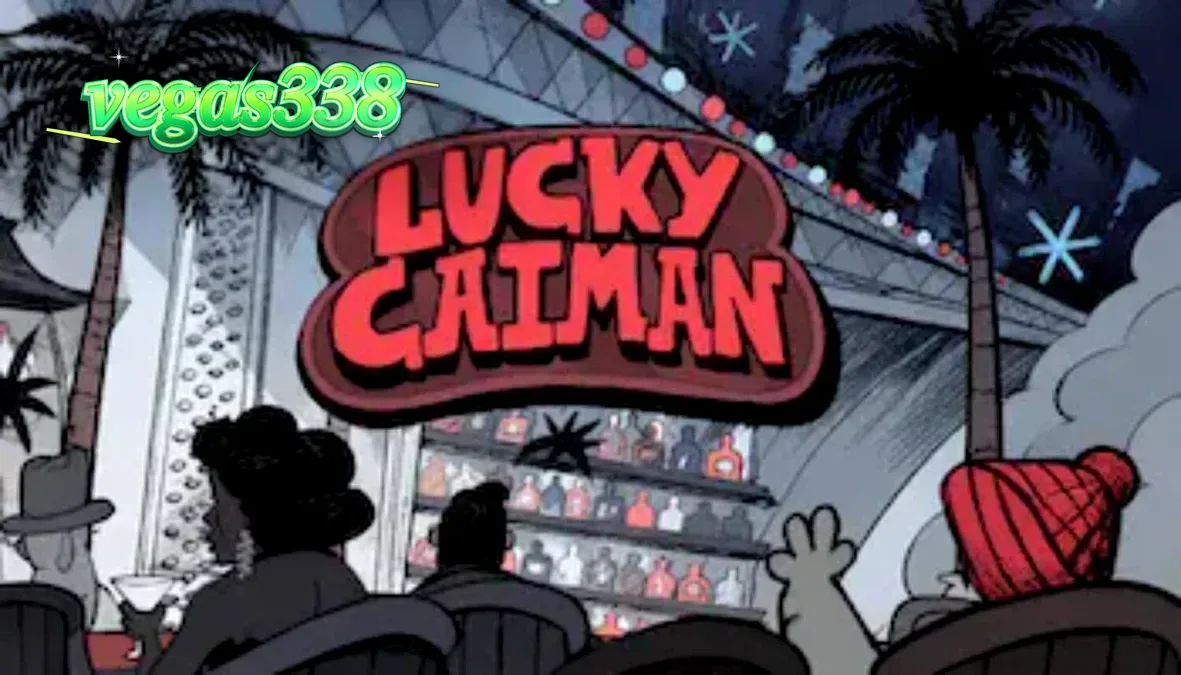 Tampilan visual slot Lucky Caiman dengan karakter buaya di lounge retro